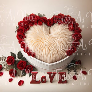 May include: A white heart-shaped newborn photo prop with a fluffy white fur insert. The heart is surrounded by red roses and the word "LOVE" is spelled out in red letters below the heart.