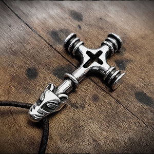 Sterling Silver Viking Wolf Cross Hammer Mjölnir Pendant