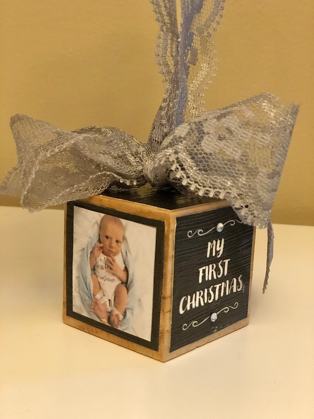 Personalized Photo Block Ornament With Rhinestones, Charm & Lace-baby’s ...