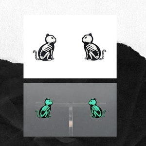 Glow in the Dark Black Cat Skeleton Stud Earrings