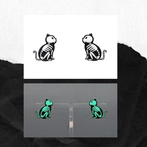 Glow in the Dark Black Cat Skeleton Stud Earrings