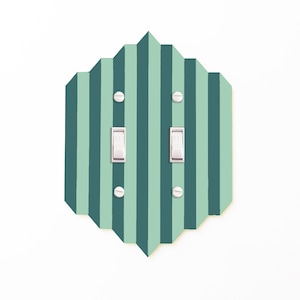 Puede incluir: Una tapa de interruptor de luz con un diseño geométrico que presenta rayas verticales alternas de color verde azulado y verde claro. La tapa tiene dos interruptores de luz con la palabra "OFF" impresa en ellos.