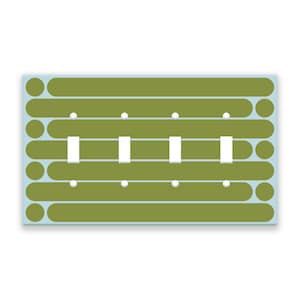 Könnte beinhalten: Eine hellblaue Wandplatte mit vier weißen Lichtschaltern. Die Platte hat ein grünes geometrisches Muster mit abgerundeten Kanten.