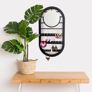 Geometric Oval Wall Hanging Jewelry Holder with Mirror image 1