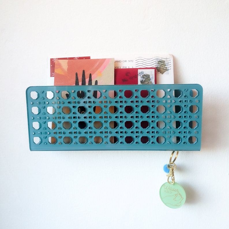 Acrylic Rattan Cane Wall Mail Holder Vintage Teal