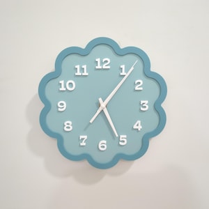 May include: A cloud-shaped wall clock in shades of blue. The clock face is light blue with white numerals and hands. The border is a darker blue. The clock is mounted on a white wall.