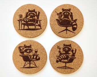 Raccoons with Cocktails Cork Coasters Set of 4