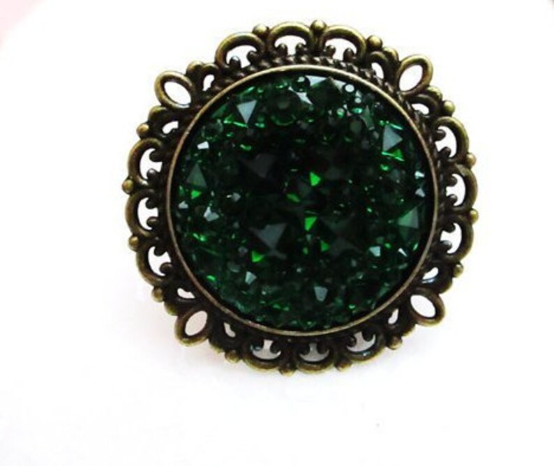 SET Of 2 Vintage Bronze Emerald Green Gothic Crystal Cabinet Drawer Knob Pulls Bifold Bi Fold Closet Door Knobs