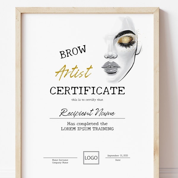 BEWERKBARE Brow Artist certificaatsjabloon, afdrukbare schoonheidstraining voltooiingscertificaat, schoonheidssalon certificaat Download Jet