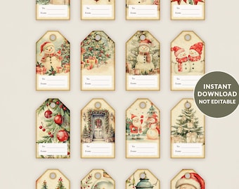 Vintage Christmas Gift Tags Printable, Holiday Gift Labels, Santa Snowman To From Tags, Christmas Present Tags, Instant Download CHR