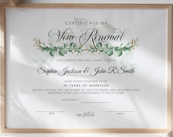 Vow Renewal Certificate Template Editable Printable Wedding | Etsy