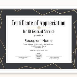 5 Years Of Service Editable Certificate Of Appreciation Etsy