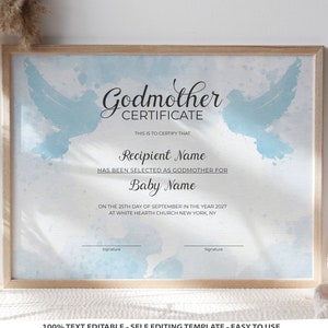 Editable Godmother Certificate Template Printable Baptism - Etsy