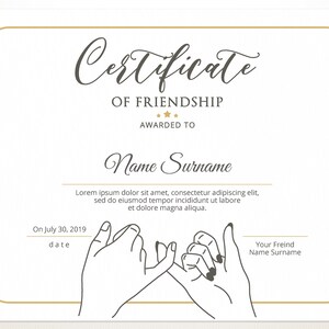 Printable Friendship Certificate Template Editable Friendship | Etsy