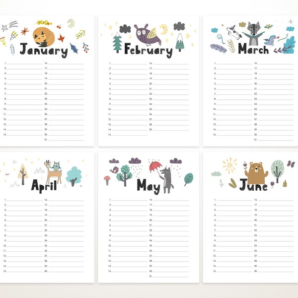 Printable Perpetual Birthday Calendar Forest Theme Perpetual Calendar Printable Gift Kids Calendar Instant Download