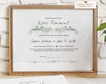 Vow Renewal Certificate, Editable Printable Wedding Certificate Template, Vow Renewal Gift Marriage Vow Renewal Certificate Download Jet085