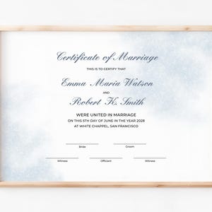 Bearbeitbare Heiratsurkunde Vorlage Blau Hochzeitszertifikat Andenken Ehegelübde Erneuerung DIY druckbare Zertifikat Digitaler Download 015