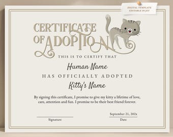Pet Adoption Certificate Template, EDITABLE Kitty Cat Adoption, Minimalist, Cat Birthday Party, Adopt a Cat Certificate Download Jet186