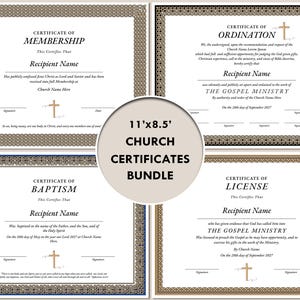Certificado de Ordenación, Certificado de Bautismo, Membresía de la Iglesia, Licencia Ministerial, Certificado de la Iglesia Imprimible Plantilla EDITABLE Paquete JetB