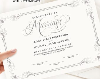 Editable Wedding Certificate Template, Printable Certificate of Marriage, Customize Wedding Gift Marriage Keepsake Certificate Download 098