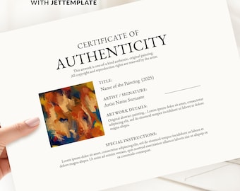 Modelo de Certificado de Autenticidade Editável, Modelo de Foto para Certificado de Autenticidade de Obra de Arte, Modelo para Artista - Download Digital 184