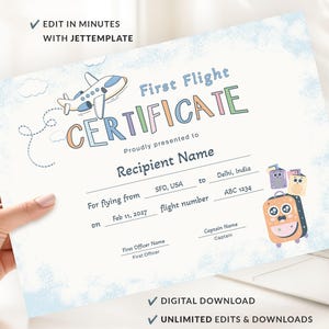 Editable My First Flight Certificate Template Kids Award Certificate Travel Certificate Bravery Award First Flight Airplane Printable 384