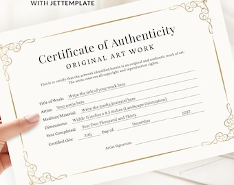 Modelo de Certificado de Autenticidade Editável, Modelo de Certificado de Autenticidade Imprimível para Artistas, Download Digital de Certificado de Autenticidade de Arte para Artistas 184