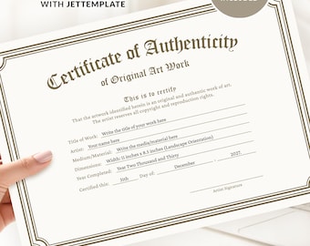 Modelo de Certificado de Autenticidade, Certificado de Autenticidade Editável, Certificado de Obra de Arte Original, Certificado de Artista Digital Imprimível Jet184