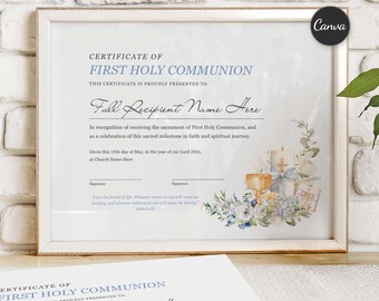 Första nattvardscertifikat, utskrivbar katolsk akvarell, redigerbar Canvasmall (digital nedladdning)