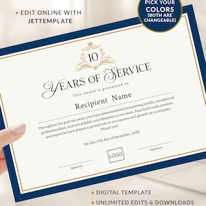 10 Years of Service Certificate, 10 Year Work Certificate of Appreciation Employee Recognition EDITABLE Certificate Template Download Jet356