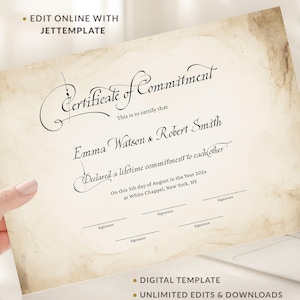 Calligraphy Commitment Certificate Template, Editable Commitment Ceremony Certificate, Handwritten Vow Renewal Wedding Keepsake Digital 023