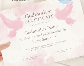 Godmother & Godfather Certificate Set, Editable Godparent Certificate Templates, Baptism Christening Canva, A4 US Letter, Digital Download
