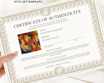 Modelo de Certificado de Autenticidade Editável para Obras de Arte, Certificado de Artista, Certificado de Autenticidade de Pintura - Download Digital Jet316