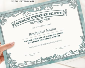 Plantilla editable de certificado de acciones, certificado de acciones imprimible, certificado de regalo de acciones comunes, descarga instantánea Jet110