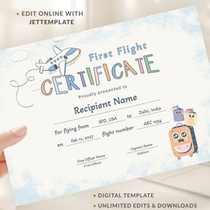 Editable My First Flight Certificate Template Kids Award Certificate Travel Certificate Bravery Award First Flight Airplane Printable 384