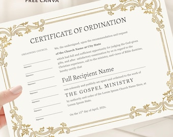 Editable Certificate of Ordination, Minister Ordination Certificate Template, Canva Certificate (Digital Download)