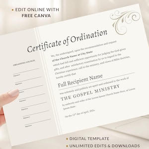 Editable Certificate of Ordination, Minister Ordination Certificate, Canva Certificate Template (Digital Download)