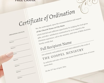 Editable Certificate of Ordination, Minister Ordination Certificate, Canva Certificate Template (Digital Download)