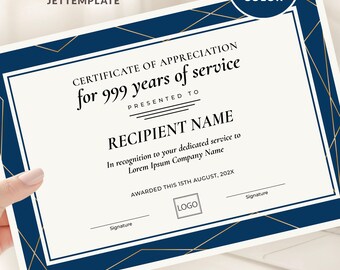 Years of Service Certificate Template, Employee Recognition Award, Work Anniversary Appreciation, Editable Digital Download 033