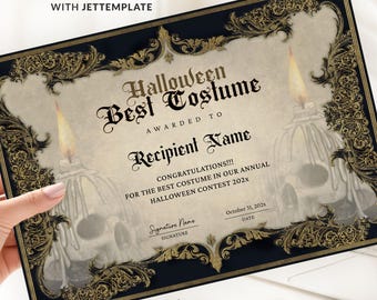 May include: A Halloween Best Costume award certificate featuring ornate gold filigree borders on a dark background. The design includes two skull-shaped candles with flames, gothic typography, and placeholders for recipient name, signature, and date.