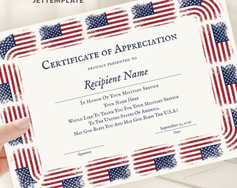 Peut inclure: Un modèle de certificat de reconnaissance avec une bordure composée de drapeaux américains au style vieilli. Le texte indique Certificate of Appreciation, Proudly Presented to, Recipient Name, In Honor of Your Military Service et May God Bless The U.S.A.