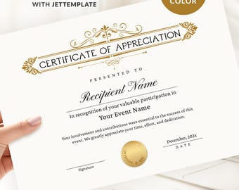 Editable Certificate of Appreciation, Printable Appreciation Certificate Template, Appreciation Gift Certificate Digital Download Jet150