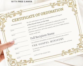 Editable Certificate of Ordination, Minister Ordination Certificate Template, Canva Certificate (Digital Download)