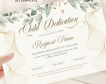 Child Dedication Certificate Template Child Dedication Editable Certificate Greenery Gold Dedication Printable Certificate Download Jet309