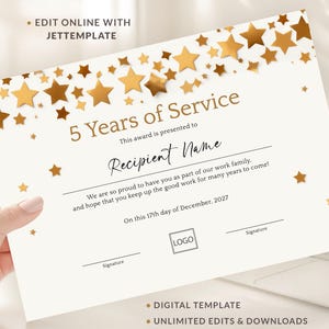 Editable 5 Years of Service Award Certificate Template, Employee Recognition Certificate Work Anniversary Award Appreciation Certificate 356