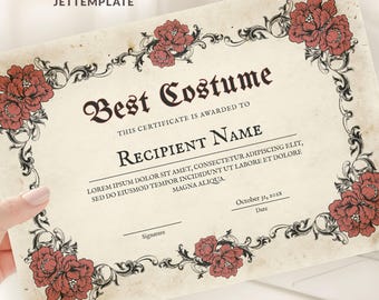 May include: A rectangular certificate template with a vintage cream background and a decorative border featuring black filigree and red floral illustrations. The text reads Best Costume, This certificate is awarded to, Recipient Name, and October 31, 202X.