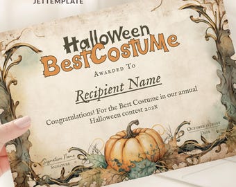 May include: A Halloween Best Costume award certificate template featuring a vintage-style border with autumn leaves and a central pumpkin illustration. The text reads Halloween Best Costume, Awarded To, Recipient Name, and October 31, 202X.