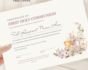 First Communion Certificate for Girl, Catholic First Eucharist Keepsake, Editable Canva Template (Digital Download)