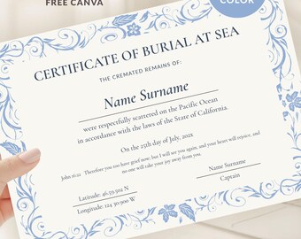Burial at Sea Certificate Template, Sea Scattering Ashes Memorial, Cremation Keepsake, Editable Canva Funeral Certificate