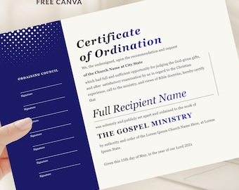 Editable Ordination Certificate Template, Ministry License Canva (Digital Download)